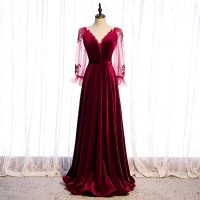 Fine Burgunder Velour Vinter Ballkjoler 2020 Prinsesse V-Hals Puffy Langermede Appliques Blonder Beading Lange Buste Ryggløse Formelle Kjoler