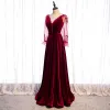 Chic / Beautiful Burgundy Velour Winter Prom Dresses 2020 A-Line / Princess V-Neck Puffy Long Sleeve Appliques Lace Beading Floor-Length / Long Ruffle Backless Formal Dresses