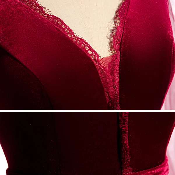 Chic / Belle Bordeaux Velour Hiver Robe De Bal 2020 Princesse V-Cou Gonflée Manches Longues Appliques En Dentelle Perlage Longue Volants Dos Nu Robe De Ceremonie