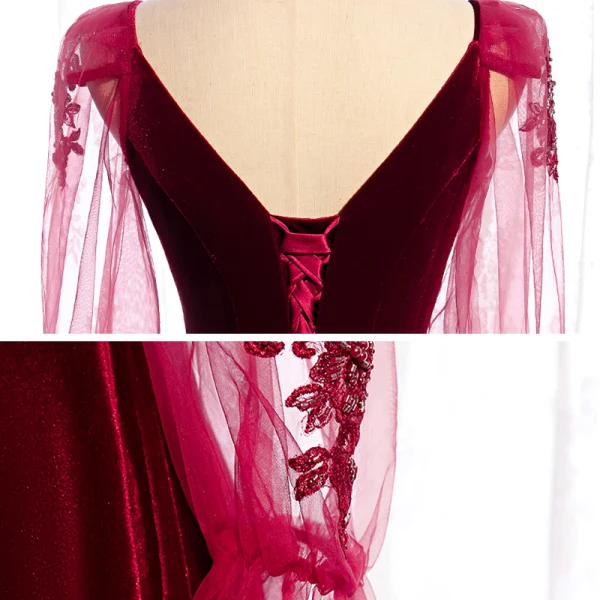 Chic / Belle Bordeaux Velour Hiver Robe De Bal 2020 Princesse V-Cou Gonflée Manches Longues Appliques En Dentelle Perlage Longue Volants Dos Nu Robe De Ceremonie
