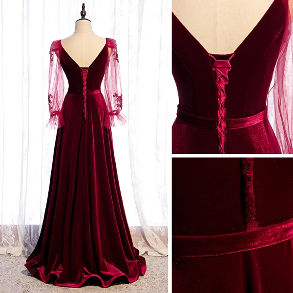 Chic / Belle Bordeaux Velour Hiver Robe De Bal 2020 Princesse V-Cou Gonflée Manches Longues Appliques En Dentelle Perlage Longue Volants Dos Nu Robe De Ceremonie