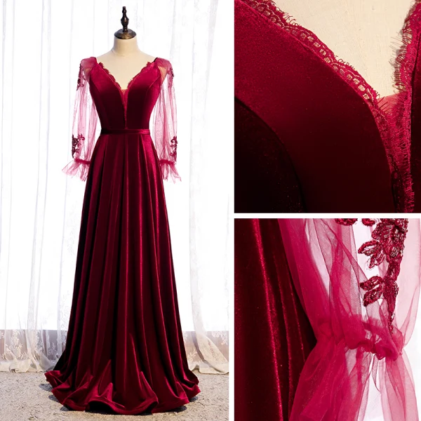 Chic / Belle Bordeaux Velour Hiver Robe De Bal 2020 Princesse V-Cou Gonflée Manches Longues Appliques En Dentelle Perlage Longue Volants Dos Nu Robe De Ceremonie