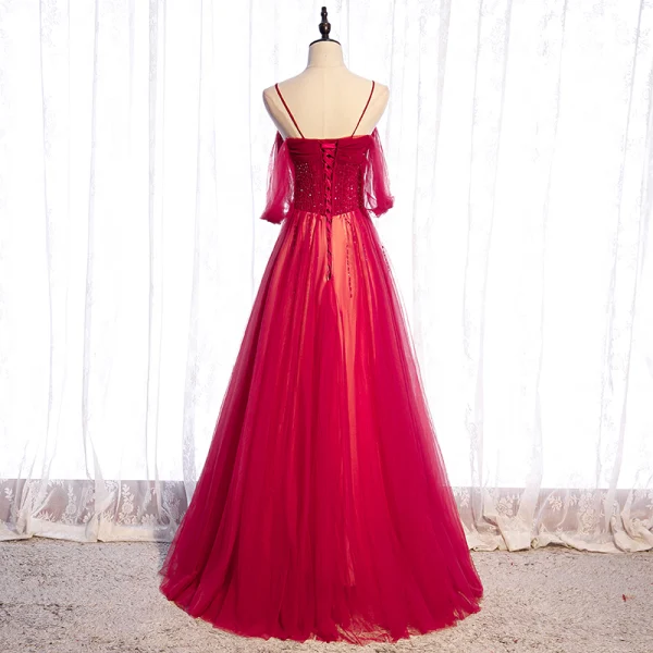Chic / Belle Rouge Dansant Robe De Bal 2020 Princesse Bretelles Spaghetti Manches Courtes Perlage Longue Volants Dos Nu Robe De Ceremonie