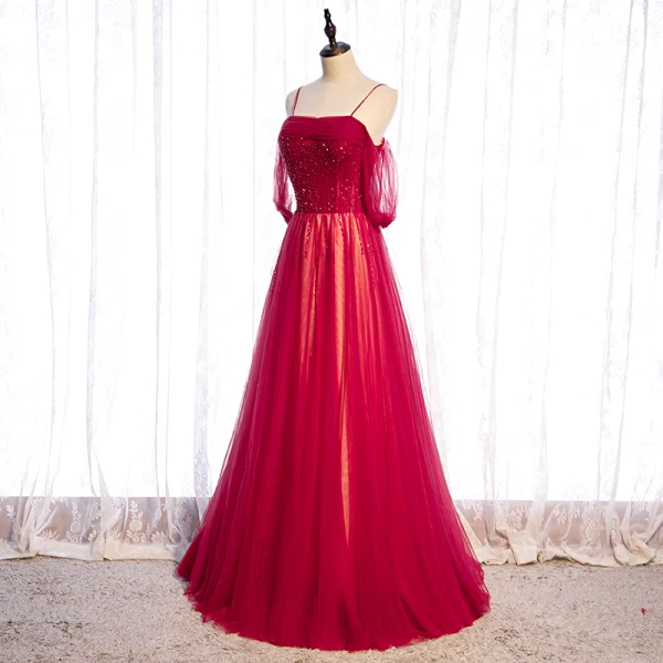 Chic / Belle Rouge Dansant Robe De Bal 2020 Princesse Bretelles Spaghetti Manches Courtes Perlage Longue Volants Dos Nu Robe De Ceremonie