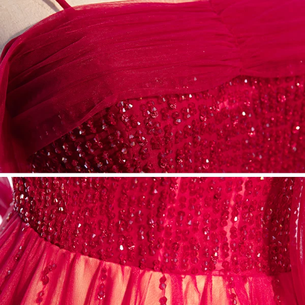 Chic / Belle Rouge Dansant Robe De Bal 2020 Princesse Bretelles Spaghetti Manches Courtes Perlage Longue Volants Dos Nu Robe De Ceremonie