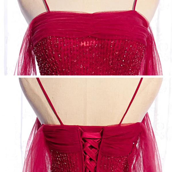 Chic / Belle Rouge Dansant Robe De Bal 2020 Princesse Bretelles Spaghetti Manches Courtes Perlage Longue Volants Dos Nu Robe De Ceremonie