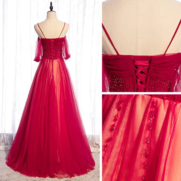 Chic / Belle Rouge Dansant Robe De Bal 2020 Princesse Bretelles Spaghetti Manches Courtes Perlage Longue Volants Dos Nu Robe De Ceremonie