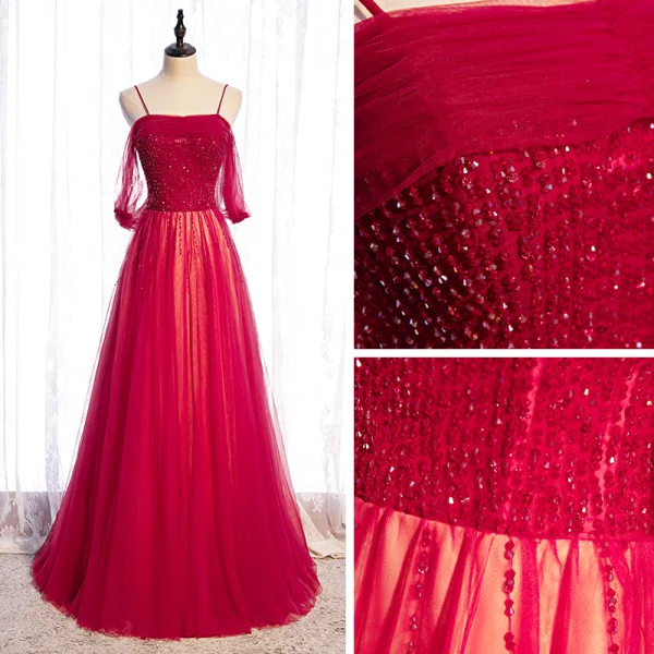 Chic / Belle Rouge Dansant Robe De Bal 2020 Princesse Bretelles Spaghetti Manches Courtes Perlage Longue Volants Dos Nu Robe De Ceremonie
