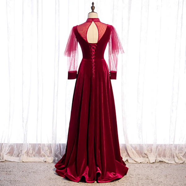 Vintage / Retro Burgundy Velour Winter Evening Dresses 2020 A-Line / Princess See-through High Neck Puffy Long Sleeve Floor-Length / Long Ruffle Backless Formal Dresses