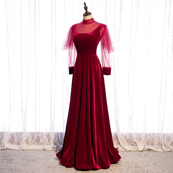 Vintage / Retro Burgundy Velour Winter Evening Dresses 2020 A-Line / Princess See-through High Neck Puffy Long Sleeve Floor-Length / Long Ruffle Backless Formal Dresses