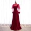 Vintage / Retro Burgundy Velour Winter Evening Dresses  2020 A-Line / Princess See-through High Neck Puffy Long Sleeve Floor-Length / Long Ruffle Backless Formal Dresses