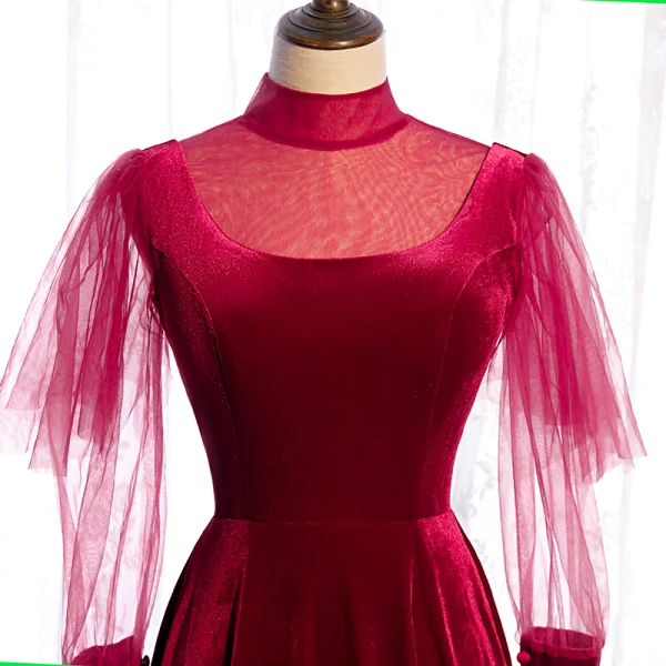 Vintage / Retro Burgundy Velour Winter Evening Dresses 2020 A-Line / Princess See-through High Neck Puffy Long Sleeve Floor-Length / Long Ruffle Backless Formal Dresses