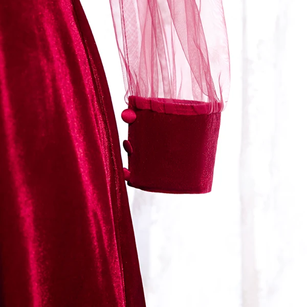 Vintage / Retro Burgundy Velour Winter Evening Dresses 2020 A-Line / Princess See-through High Neck Puffy Long Sleeve Floor-Length / Long Ruffle Backless Formal Dresses