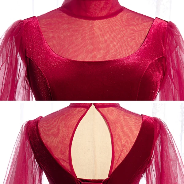 Vintage / Retro Burgundy Velour Winter Evening Dresses 2020 A-Line / Princess See-through High Neck Puffy Long Sleeve Floor-Length / Long Ruffle Backless Formal Dresses