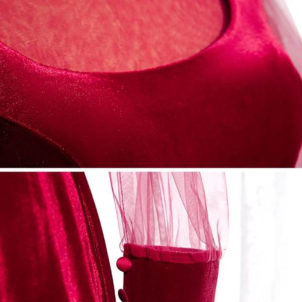Vintage / Retro Burgundy Velour Winter Evening Dresses 2020 A-Line / Princess See-through High Neck Puffy Long Sleeve Floor-Length / Long Ruffle Backless Formal Dresses