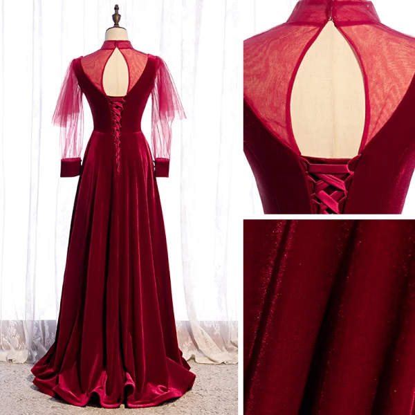 Vintage / Retro Burgundy Velour Winter Evening Dresses 2020 A-Line / Princess See-through High Neck Puffy Long Sleeve Floor-Length / Long Ruffle Backless Formal Dresses