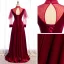 Vintage / Retro Burgundy Velour Winter Evening Dresses  2020 A-Line / Princess See-through High Neck Puffy Long Sleeve Floor-Length / Long Ruffle Backless Formal Dresses
