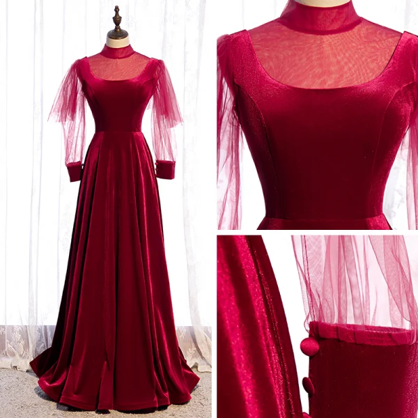 Vintage / Retro Burgundy Velour Winter Evening Dresses 2020 A-Line / Princess See-through High Neck Puffy Long Sleeve Floor-Length / Long Ruffle Backless Formal Dresses
