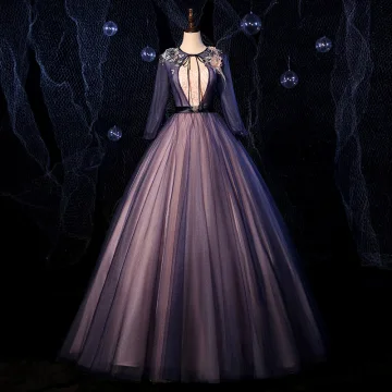 Fashion Navy Blue Dancing Prom Dresses 2020 Ball Gown Scoop Neck Long Sleeve Appliques Lace Beading Sash Floor Length Long Ruffle Backless Formal Dresses