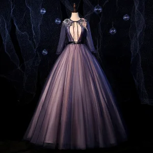 Moda Marino Oscuro Bailando Vestidos De Gala 2020 Ball Gown Scoop Escote Manga Larga Apliques Con Encaje Rebordear Cinturón Largos Ruffle Sin Espalda Vestidos Formales
