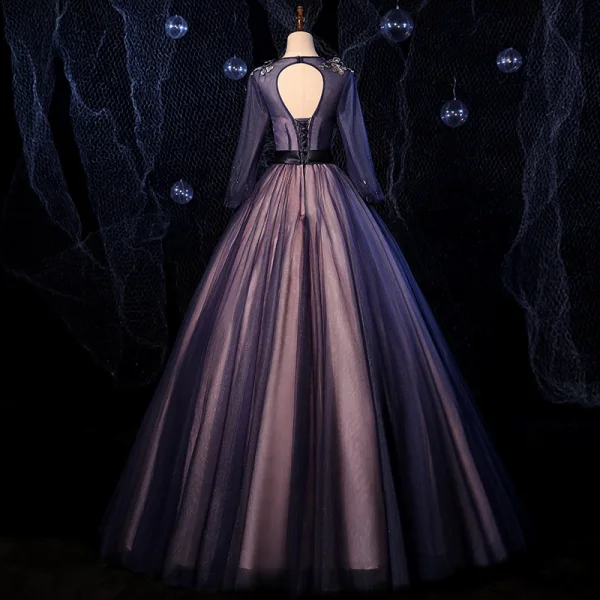 Fashion Navy Blue Dancing Prom Dresses 2020 Ball Gown Scoop Neck Long Sleeve Appliques Lace Beading Sash Floor-Length / Long Ruffle Backless Formal Dresses