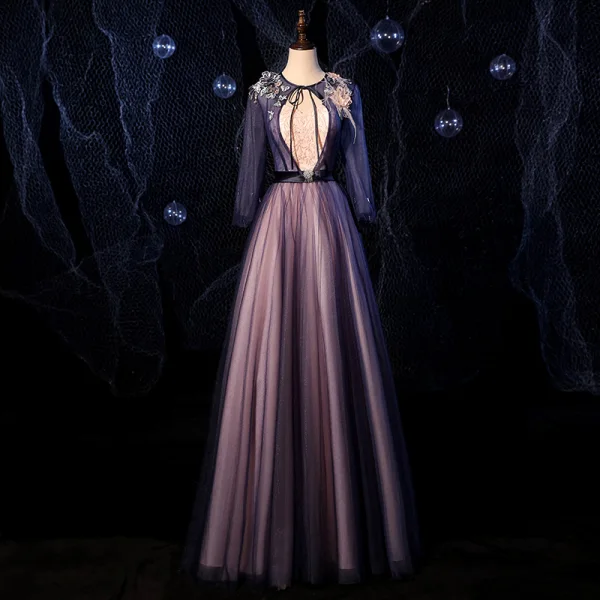 Fashion Navy Blue Dancing Prom Dresses 2020 Ball Gown Scoop Neck Long Sleeve Appliques Lace Beading Sash Floor-Length / Long Ruffle Backless Formal Dresses