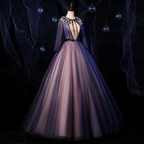 Fashion Navy Blue Dancing Prom Dresses 2020 Ball Gown Scoop Neck Long Sleeve Appliques Lace Beading Sash Floor-Length / Long Ruffle Backless Formal Dresses