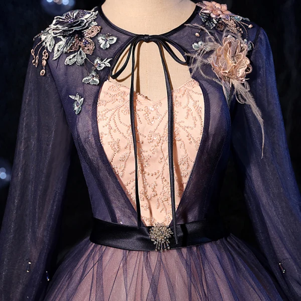 Fashion Navy Blue Dancing Prom Dresses 2020 Ball Gown Scoop Neck Long Sleeve Appliques Lace Beading Sash Floor-Length / Long Ruffle Backless Formal Dresses