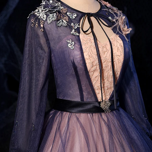 Fashion Navy Blue Dancing Prom Dresses 2020 Ball Gown Scoop Neck Long Sleeve Appliques Lace Beading Sash Floor-Length / Long Ruffle Backless Formal Dresses