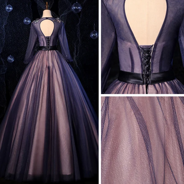 Fashion Navy Blue Dancing Prom Dresses 2020 Ball Gown Scoop Neck Long Sleeve Appliques Lace Beading Sash Floor-Length / Long Ruffle Backless Formal Dresses