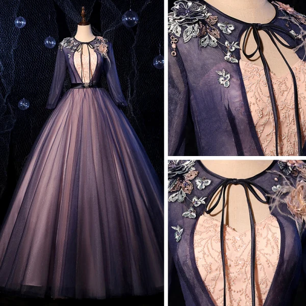 Fashion Navy Blue Dancing Prom Dresses 2020 Ball Gown Scoop Neck Long Sleeve Appliques Lace Beading Sash Floor-Length / Long Ruffle Backless Formal Dresses