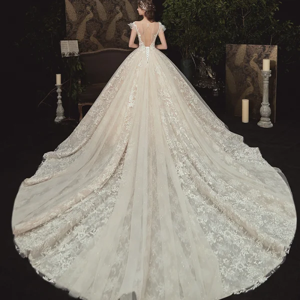 Romantique Champagne La Mariée Robe De Mariée 2020 Robe Boule Transparentes Encolure Carrée Manches Courtes Dos Nu Fleur Appliques En Dentelle Perlage Glitter Tulle Cathedral Train