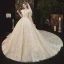 Romantique Champagne La Mariée Robe De Mariée 2020 Robe Boule Transparentes Encolure Carrée Manches Courtes Dos Nu Fleur Appliques En Dentelle Perlage Glitter Tulle Cathedral Train
