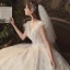 Romantique Champagne La Mariée Robe De Mariée 2020 Robe Boule Transparentes Encolure Carrée Manches Courtes Dos Nu Fleur Appliques En Dentelle Perlage Glitter Tulle Cathedral Train