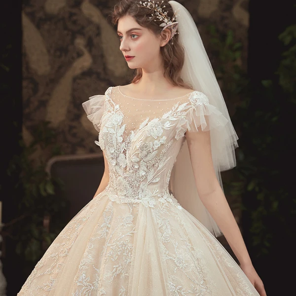 Romantique Champagne La Mariée Robe De Mariée 2020 Robe Boule Transparentes Encolure Carrée Manches Courtes Dos Nu Fleur Appliques En Dentelle Perlage Glitter Tulle Cathedral Train
