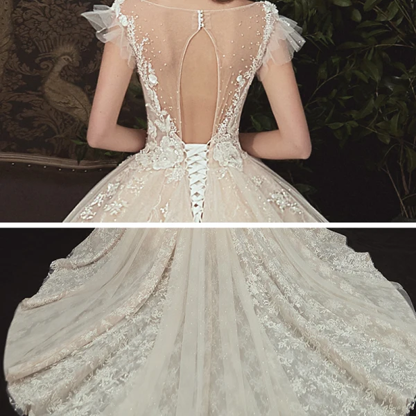 Romantique Champagne La Mariée Robe De Mariée 2020 Robe Boule Transparentes Encolure Carrée Manches Courtes Dos Nu Fleur Appliques En Dentelle Perlage Glitter Tulle Cathedral Train