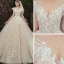 Romantique Champagne La Mariée Robe De Mariée 2020 Robe Boule Transparentes Encolure Carrée Manches Courtes Dos Nu Fleur Appliques En Dentelle Perlage Glitter Tulle Cathedral Train