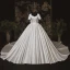 Luxury / Gorgeous Ivory Satin Bridal Wedding Dresses 2020 Ball Gown Square Neckline Short Sleeve Backless Bow Beading Pearl Chapel Train Ruffle