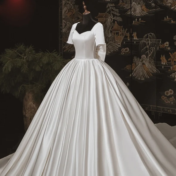 Luxury / Gorgeous Ivory Satin Bridal Wedding Dresses 2020 Ball Gown Square Neckline Short Sleeve Backless Bow Beading Pearl Chapel Train Ruffle