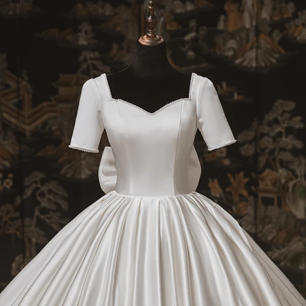 Luxury / Gorgeous Ivory Satin Bridal Wedding Dresses 2020 Ball Gown Square Neckline Short Sleeve Backless Bow Beading Pearl Chapel Train Ruffle