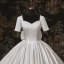 Luxury / Gorgeous Ivory Satin Bridal Wedding Dresses 2020 Ball Gown Square Neckline Short Sleeve Backless Bow Beading Pearl Chapel Train Ruffle