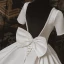 Luxury / Gorgeous Ivory Satin Bridal Wedding Dresses 2020 Ball Gown Square Neckline Short Sleeve Backless Bow Beading Pearl Chapel Train Ruffle