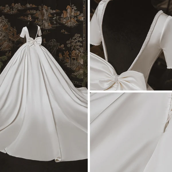 Luxury / Gorgeous Ivory Satin Bridal Wedding Dresses 2020 Ball Gown Square Neckline Short Sleeve Backless Bow Beading Pearl Chapel Train Ruffle