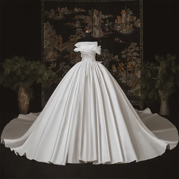 Modest / Simple Luxury / Gorgeous Ivory Satin Bridal Wedding Dresses 2020 Ball Gown Strapless Sleeveless Backless Cathedral Train Ruffle