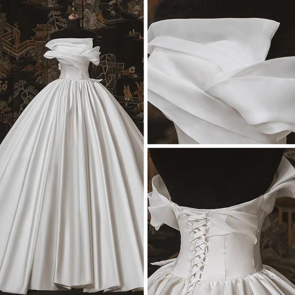 Simple Luxe Ivoire Satin La Mariée Robe De Mariée 2020 Robe Boule Bustier Sans Manches Dos Nu Cathedral Train Volants