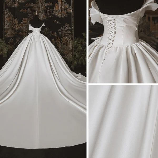 Simple Luxe Ivoire Satin La Mariée Robe De Mariée 2020 Robe Boule Bustier Sans Manches Dos Nu Cathedral Train Volants
