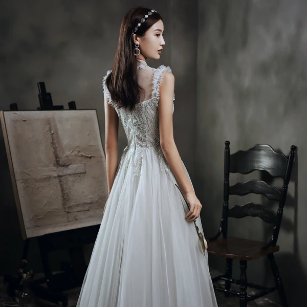 Vintage / Retro Grey Dancing Prom Dresses 2020 A-Line / Princess See-through High Neck Sleeveless Beading Floor-Length / Long Ruffle Formal Dresses
