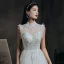 Vintage / Retro Grey Dancing Prom Dresses 2020 A-Line / Princess See-through High Neck Sleeveless Beading Floor-Length / Long Ruffle Formal Dresses