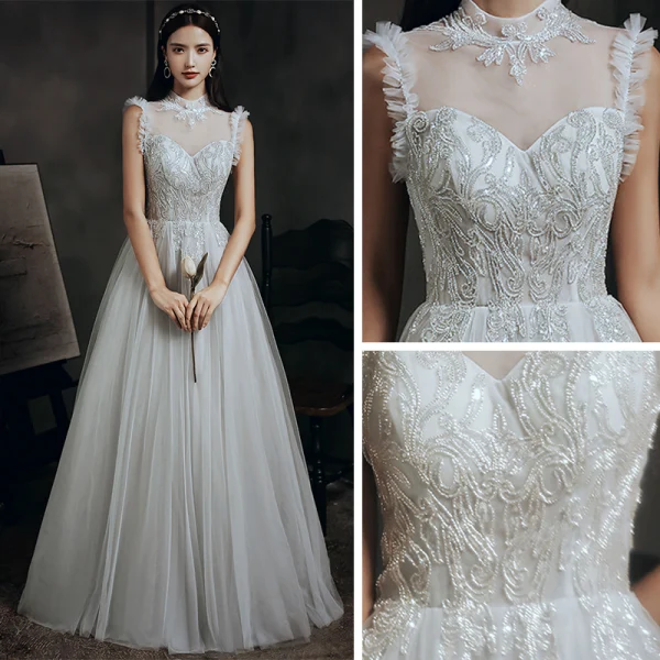 Vintage / Retro Grey Dancing Prom Dresses 2020 A-Line / Princess See-through High Neck Sleeveless Beading Floor-Length / Long Ruffle Formal Dresses