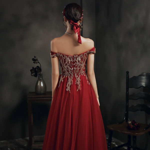 Elegant Grey Dancing Prom Dresses 2020 A-Line / Princess Off-The-Shoulder Short Sleeve Beading Floor-Length / Long Ruffle Backless Formal Dresses